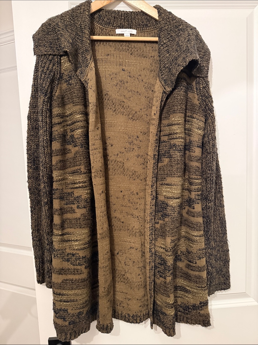 J Jill Open-Front Marled Knit Longline Cardigan Coat Olive Brown Small Tall